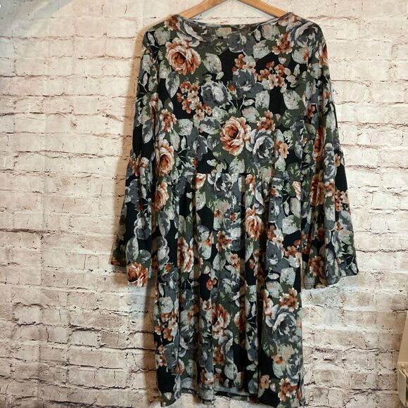 NY Collection Babydoll Sweater Dress Womens 1X Gray Rose Floral Flared Sleeve - Picture 3 of 16